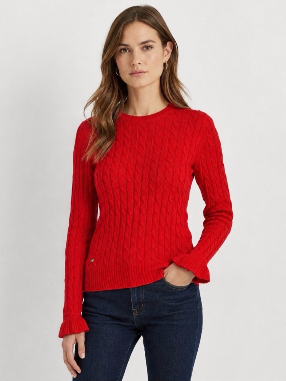 Ralph Lauren Cable Knit Sweater Ruffle Cuff Red Cotton Sz M